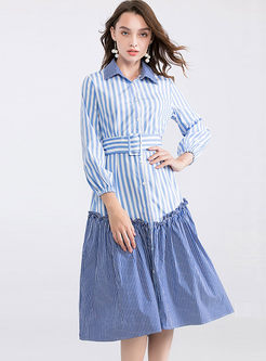 Lapel Striped Patchwork Shirt Dress