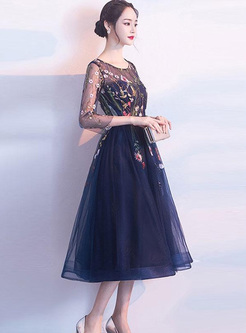 Embroidery Lace Sashes Seven-Tenths Sleeves Midi Dresses