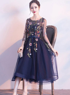 Embroidery Lace Sashes Seven-Tenths Sleeves Midi Dresses