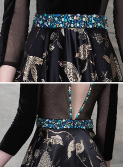 Printing Sequined Contrast Deep V Neck Seven-Tenths Sleeves Backless Dresses