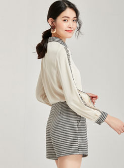 Lapel Patchwork Blouse & Houndstooth Shorts