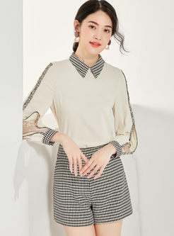 Lapel Patchwork Blouse & Houndstooth Shorts