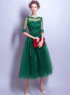 Embroidery O-Neck Half Sleeves Green Tulle Elegant Dresses