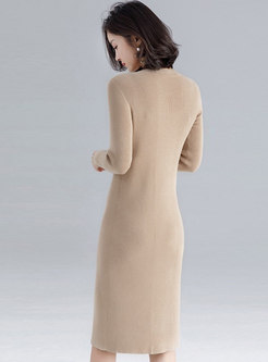 Solid Color O-neck Long Sleeve Knitted Dress