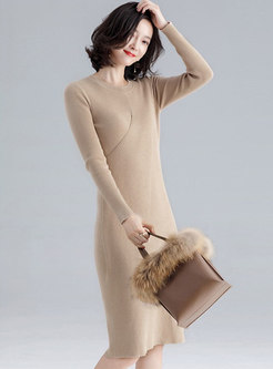 Solid Color O-neck Long Sleeve Knitted Dress