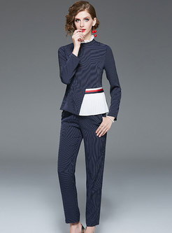 Work Striped Pleated Splicing Two Piece Pants