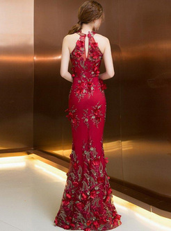 Embroidery Solid Color Stand Collar Sleeveless Maxi Dresses