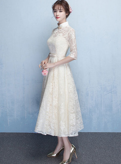 Bowknot Lace Solid Color Stand Collar Half Sleeves Prom Dresses
