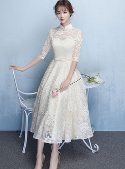 Bowknot Lace Solid Color Stand Collar Half Sleeves Prom Dresses