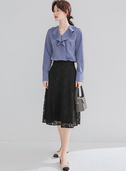 Pure Color High Waist Lace Slim A Line Skirt