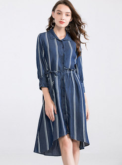 Casual Striped Tied Single-breasted T-shirt Dress