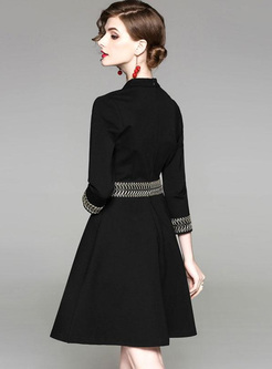 Contrast V-Neck Seven-Tenths Sleeves Daily Black Dresses