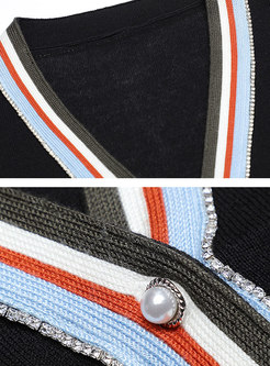 V-neck Color-blocked Diamond Striped Cardigan