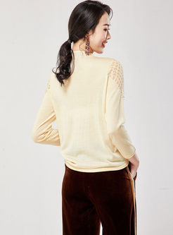 Standing Collar Long Sleeve Openwork Sweater