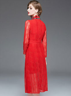 Red Long Sleeve Lace Beading Dress