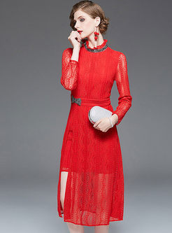 Red Long Sleeve Lace Beading Dress