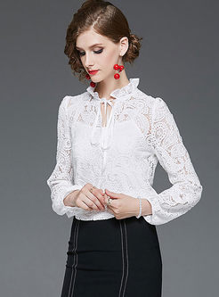Standing Collar Lace Openwork Blouse