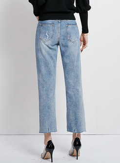 Casual Denim Shredded All-matched Straight Pants