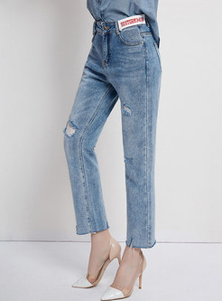 Casual Denim Shredded All-matched Straight Pants