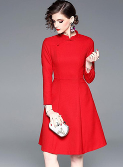 Solid Color Zipper Stand Collar Long Sleeves Midi Dresses