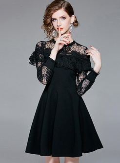 Lace Hollow Out Contrast O-Neck Long Sleeves Mini A-Line Dresses