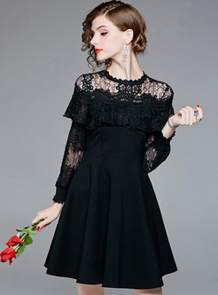 Lace Hollow Out Contrast O-Neck Long Sleeves Mini A-Line Dresses