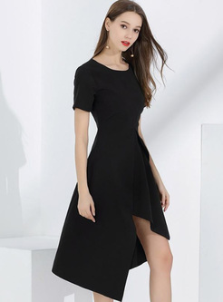 Solid Color O-Neck Short Sleeves High Waist Midi Asymmetrical Dresses