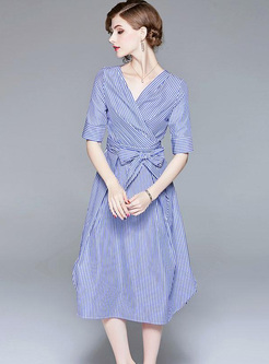 Contrast Sashes Stripe V-Neck Short Sleeves Midi Dresses