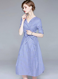 Contrast Sashes Stripe V-Neck Short Sleeves Midi Dresses