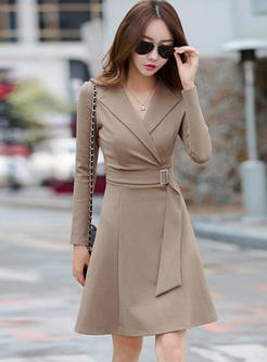 Contrast Solid Color Turn-down Collar Long Sleeves Mini Dresses