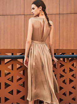 Solid Color V-Neck Sleeveless Backless Long Dresses