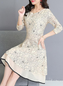 Lace Chiffon Contrast O-Neck A-Line Dresses