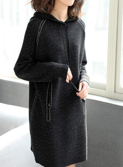 Contrast Solid Color Hooded Long Sleeves A-Line Dresses