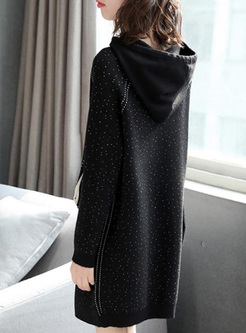 Contrast Solid Color Hooded Long Sleeves A-Line Dresses