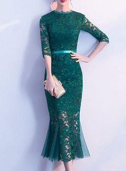 Lace Contrast Solid Color Mermaid Midi Dresses