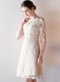  Lace Hollow Out O-Neck Half Sleeves Sheath Mid Dresses