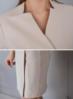 Contrast Solid Color Zipper V-Neck Seven-Tenths Sleeves Sheath Dresses