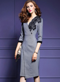 Embroidery Stitching Lace V-Neck Asymmetric Skinny Dresses