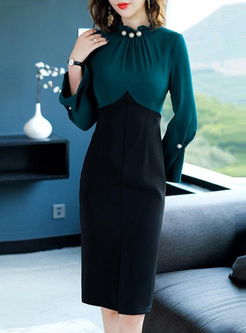 Contrast Solid Color O-Neck Long Sleeves Midi Dresses