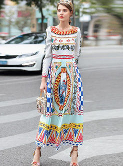Bohemia Printing Color Block O-Neck Long Sleeves A-Line Dresses