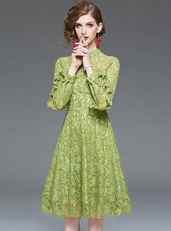 Green Ruffled Hollow Out Lace A Line Dress
