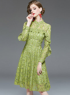 Green Ruffled Hollow Out Lace A Line Dress