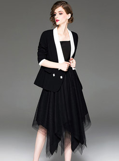 Casual Color-blocked Small Blazer & Asymmetric Mesh Skirt