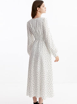 V-neck Dot Puff Sleeve Maxi Dress