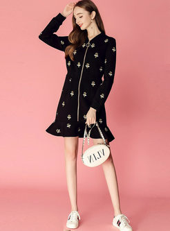 V-neck Zippered Bee Embroidered Dress