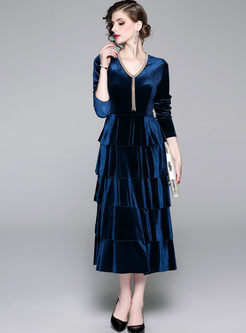 Solid Color Long Sleeve Velvet Maxi Dress