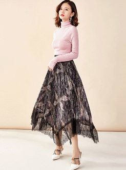 Asymmetric Print Splicing Lace Long Skirt