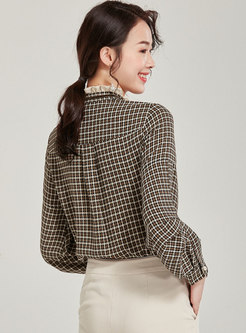 Casual Stand Collar Houndstooth Tied Blouse
