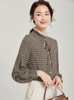 Casual Stand Collar Houndstooth Tied Blouse
