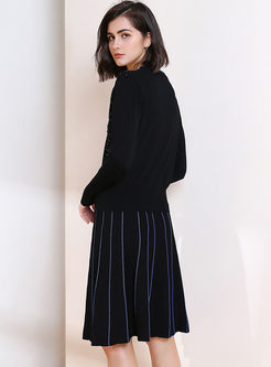 Fashion Dot Bowknot Sweater & Striped Skirt